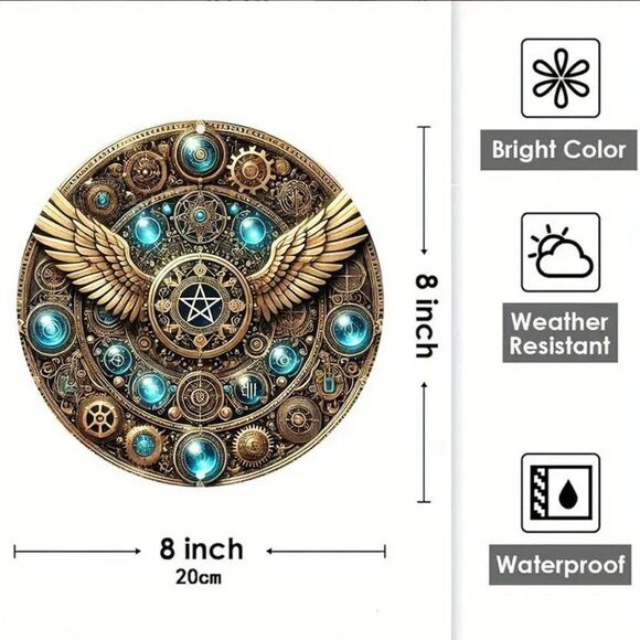 8×8 Inch Golden Metal Wall Art, Vintage Steampunk Design with Glowing Blue Orbs - Picture 2 of 2